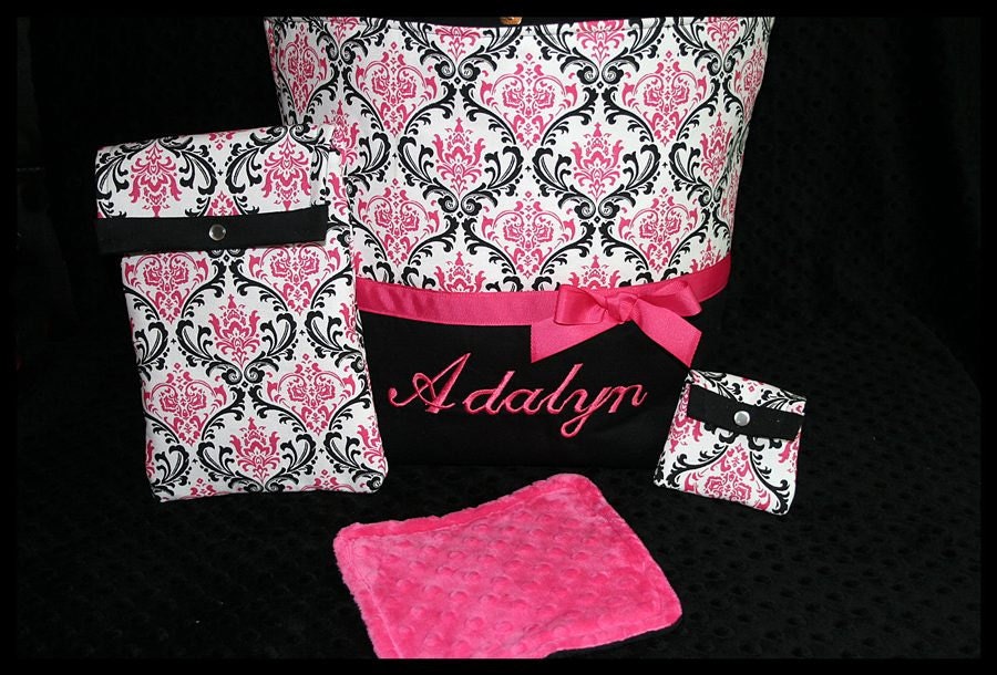Personalized Baby Girl Diaper Bag With Wipes Case, Pacifier Pouch And Large Minky Wash/Burp Cloth
