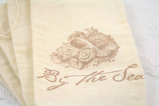 Muslin Favor Bags / Drawstring Gift Bags - Stamped Seashells By the Sea - Wedding / Birthday / Baby Shower