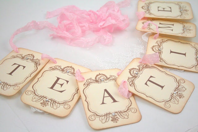 Tea Time Banner Tea Party Garland Sign Vintage Inspired Bridal Shower Decoration