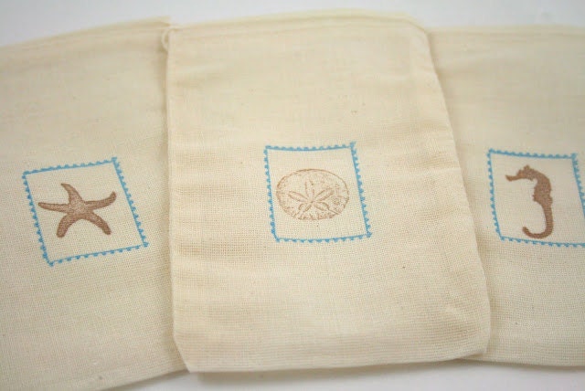 Seashell Beach Muslin Favor Bags / Drawstring Gift Bags - Stamped - Wedding / Birthday / Baby Shower