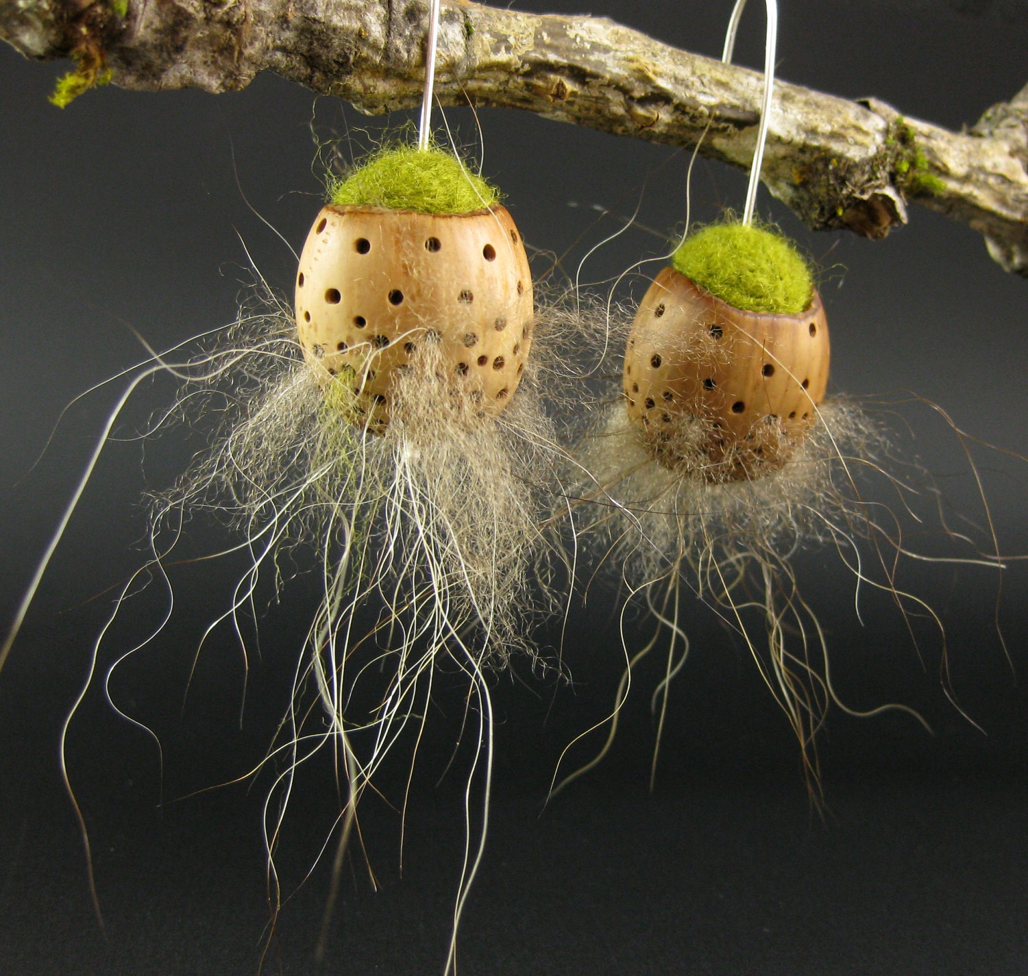 Fuzzy Nuts - hazelnut shells with felted wool and upcycled raccoon fur