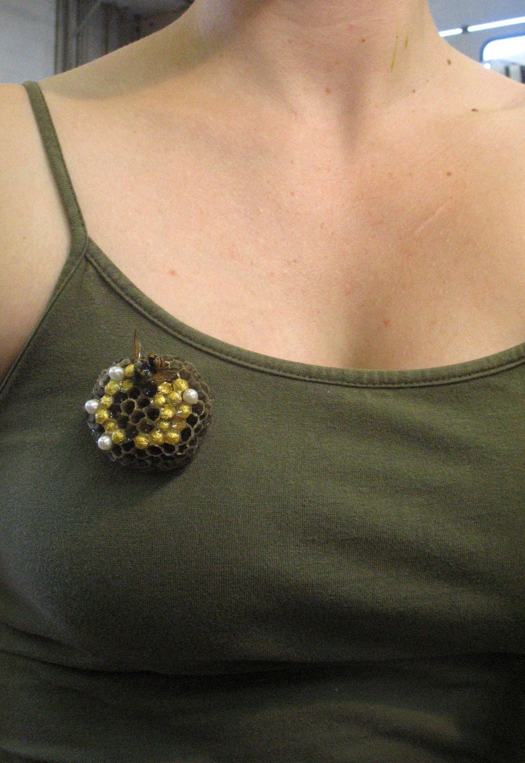 The Hive - wasp nest pearls gold leaf resin real copper silver brooch
