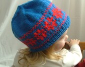 Hand-knit wool hat -- blue and red in Scandinavian design