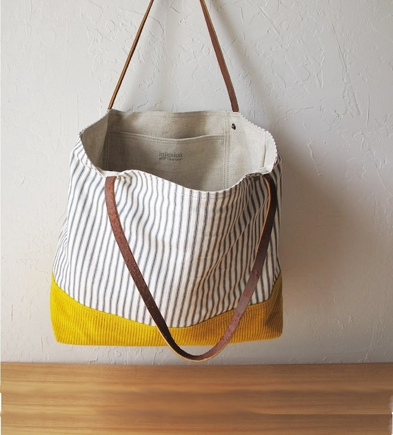 2-Tone Tote in Golden Yellow and Indigo Stripe
