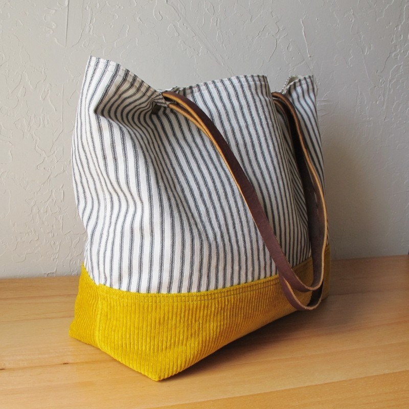 2-Tone Tote in Golden Yellow and Indigo Stripe