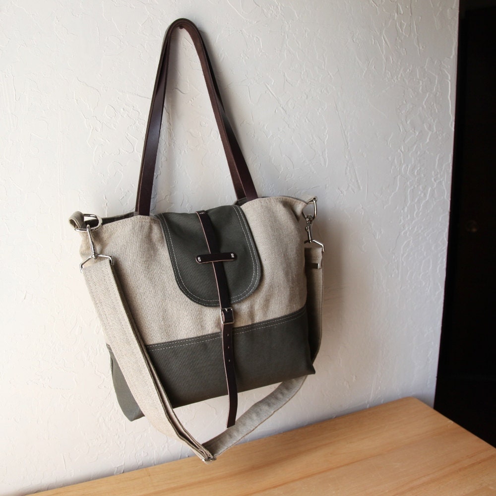 2-Tone Tote in Hemp and Dark Olive with detachable shoulder strap