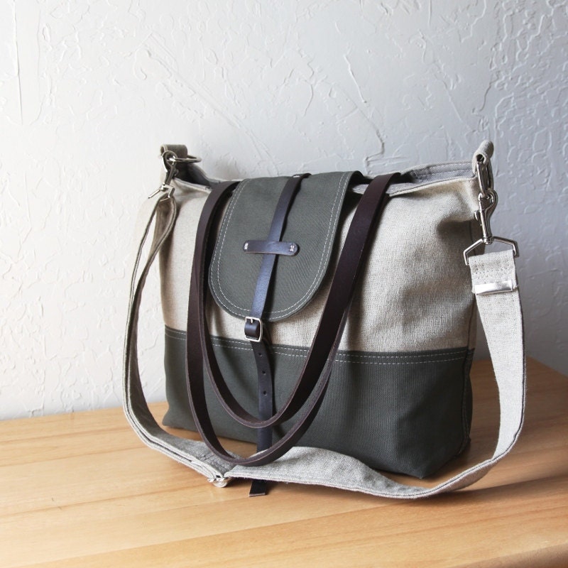 2-Tone Tote in Hemp and Dark Olive with detachable shoulder strap