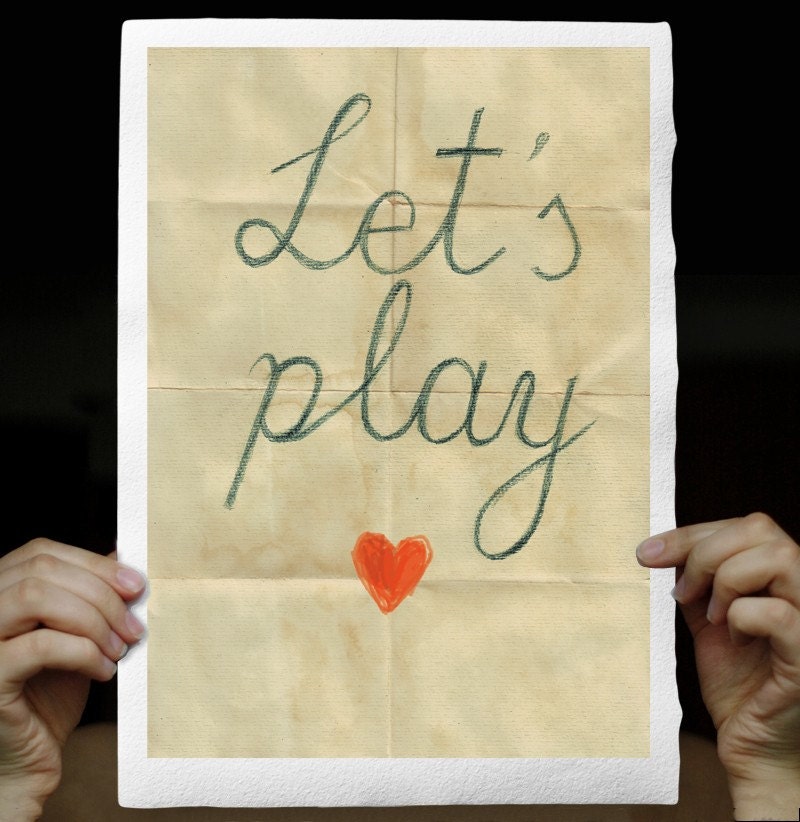 Let's play, Typographic Fine Art Print, handwritten words on Handmade Watercolor Paper 8x12 inches