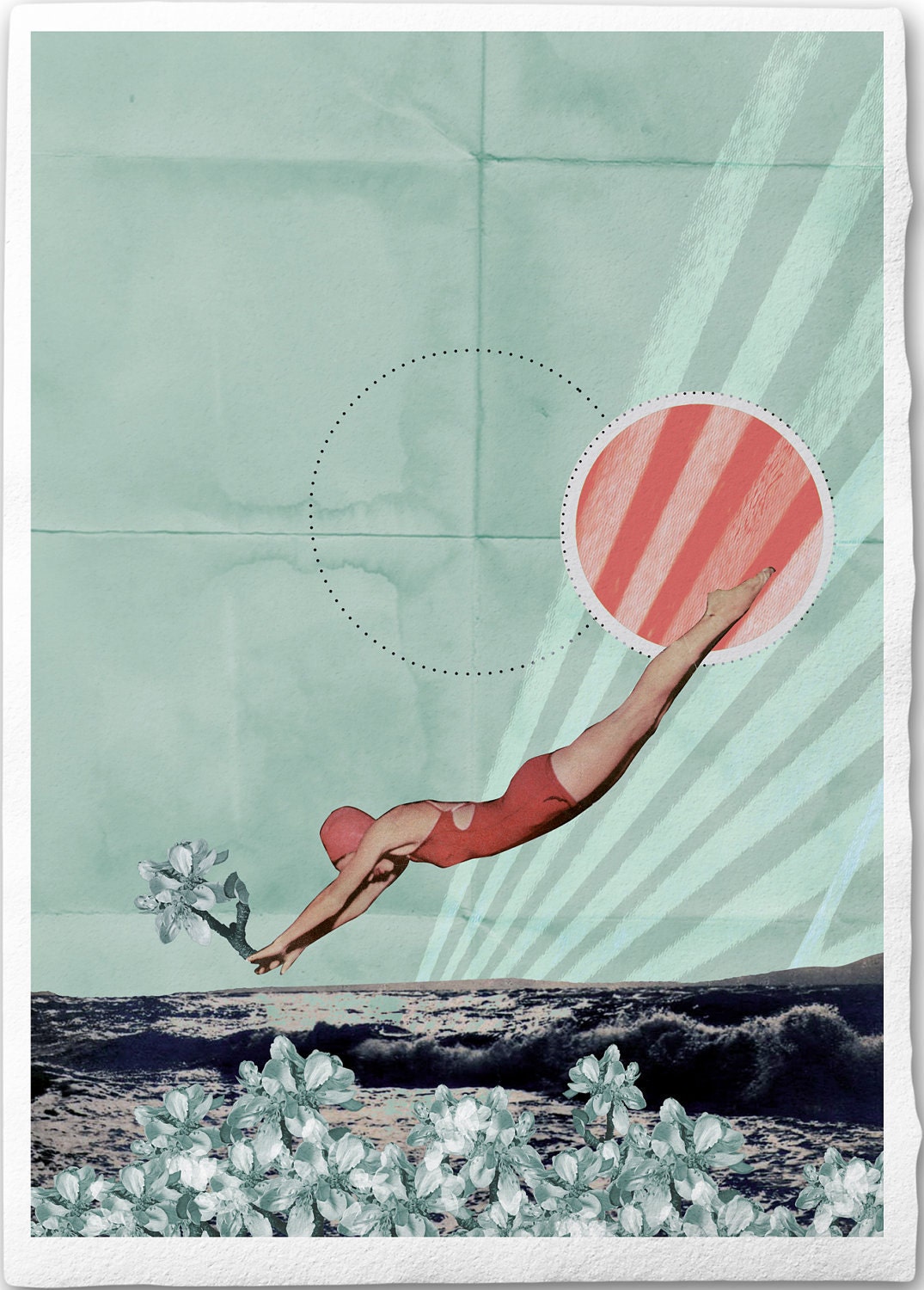 Wasserfrühling, Fine Art Collage Illustration Print, handmade watercolor paper, 8x12, Spring