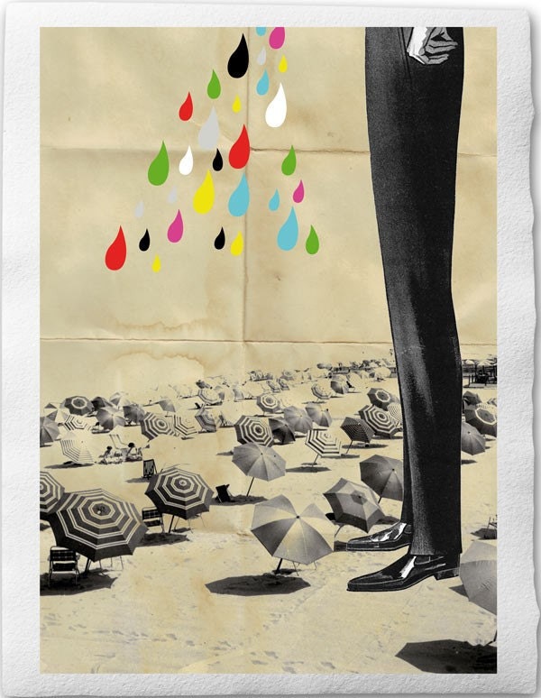 This is what happened at the beach II-Collage Illustration Print Handmade Watercolor Paper 8x12, Giant Man Umbrella Raindrops Suite