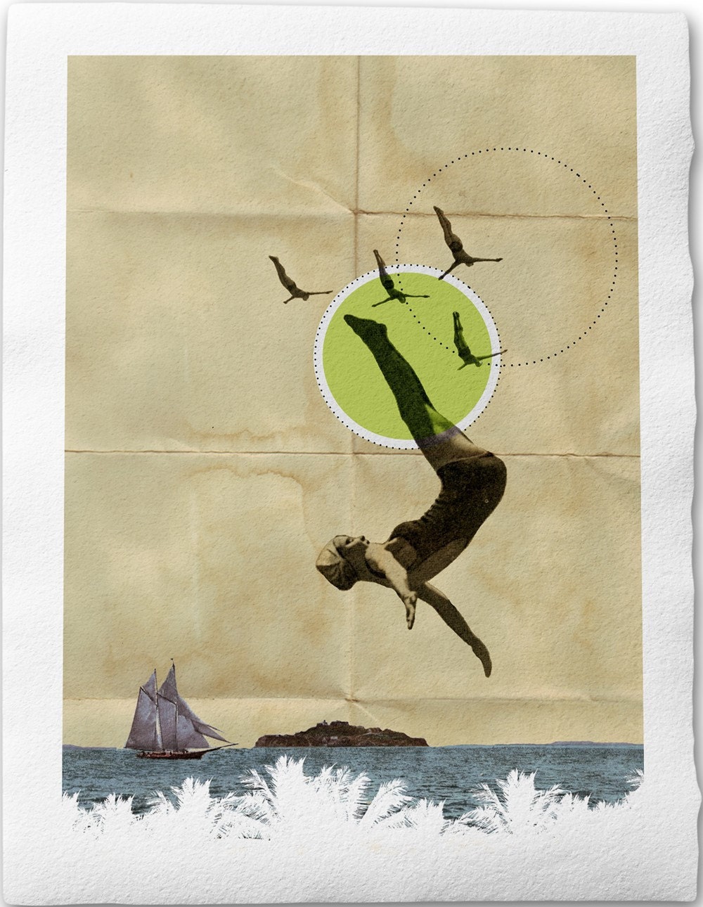 Summer -Fine Art Collage Illustration Print Handmade Paper 20x30cm-8x12", Woman in Bathing suit jumping into Water at the beach
