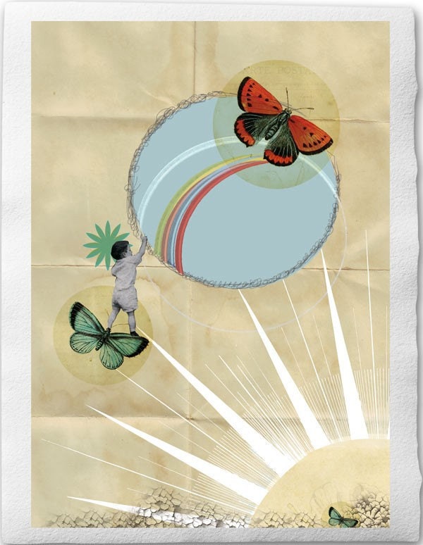 Be free-Fine Art Collage Illustration Print on Handmade Watercolor Paper, 8 x 12 inch, 21 x 30 cm, Boy setting butterfly free