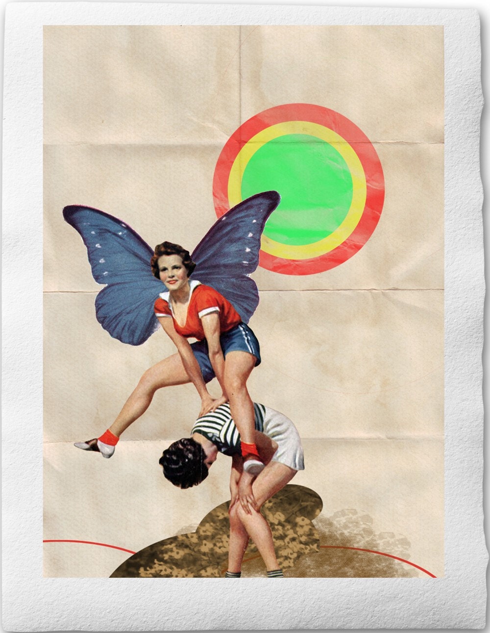 JUMP - Collage Illustration Print Handmade Watercolor Paper, 20x30cm-8x12 inch, Two friends enjoying their life