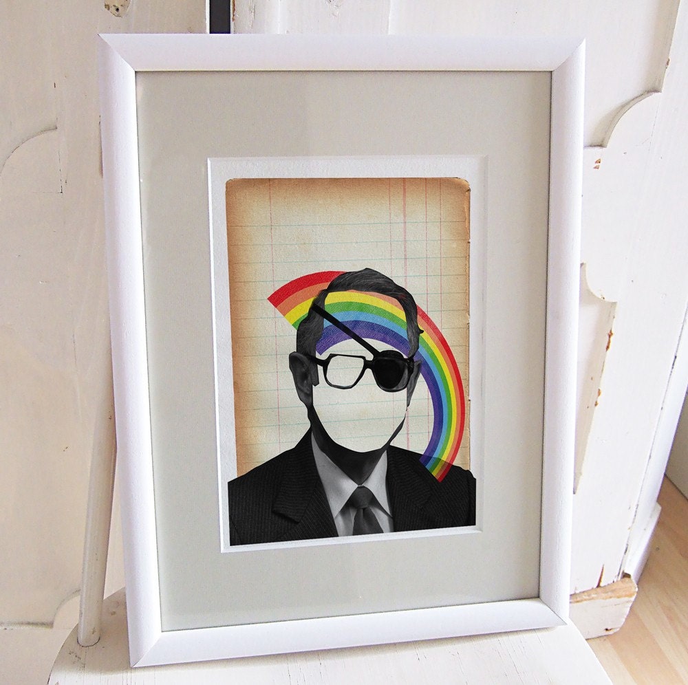 Harmless Man With Rainbow - Collage Illustration Print on Handmade Watercolor Paper 20x30cm-8x12 inch
