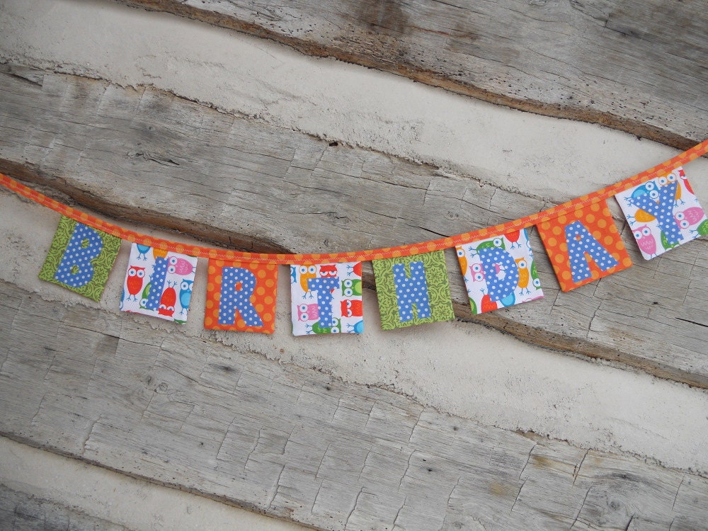 Happy Birthday banner, owls, polka dots, bunting, handmade