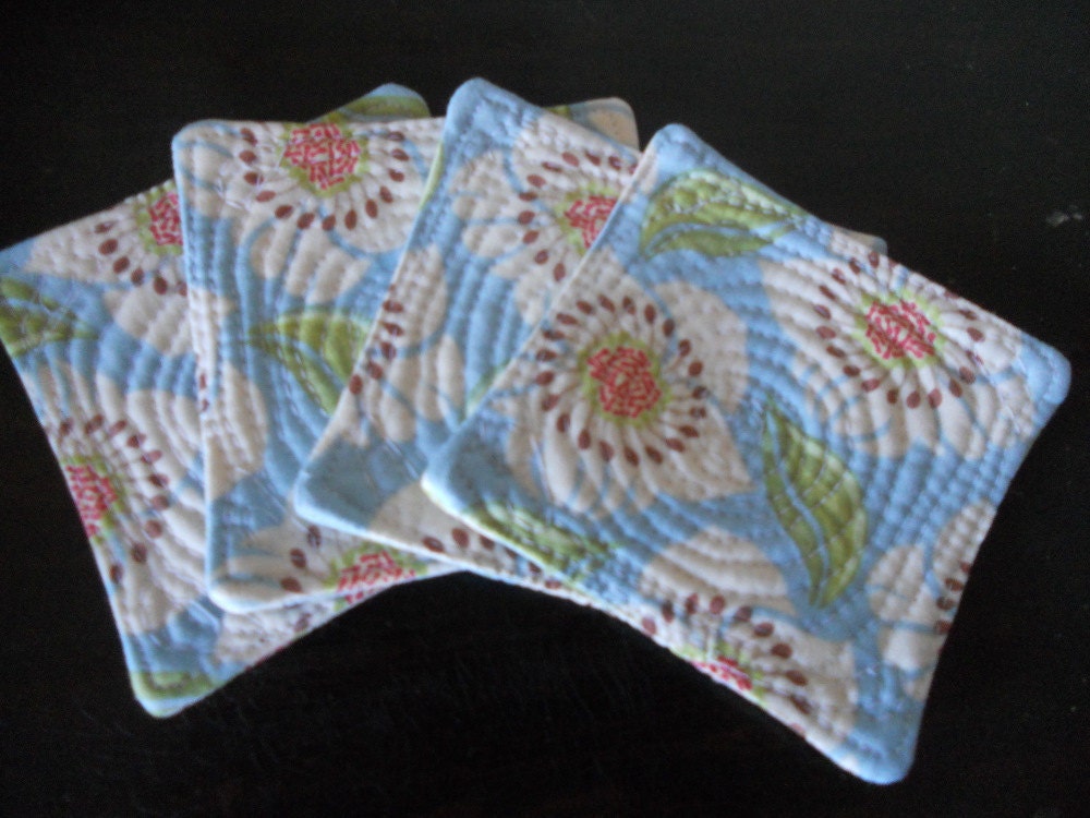Reversible Coasters, set of 4, handmade, blue floral
