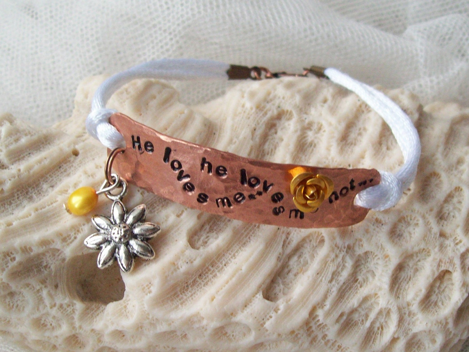 He loves me not...HE LOVES ME hand stamped copper charm bracelet