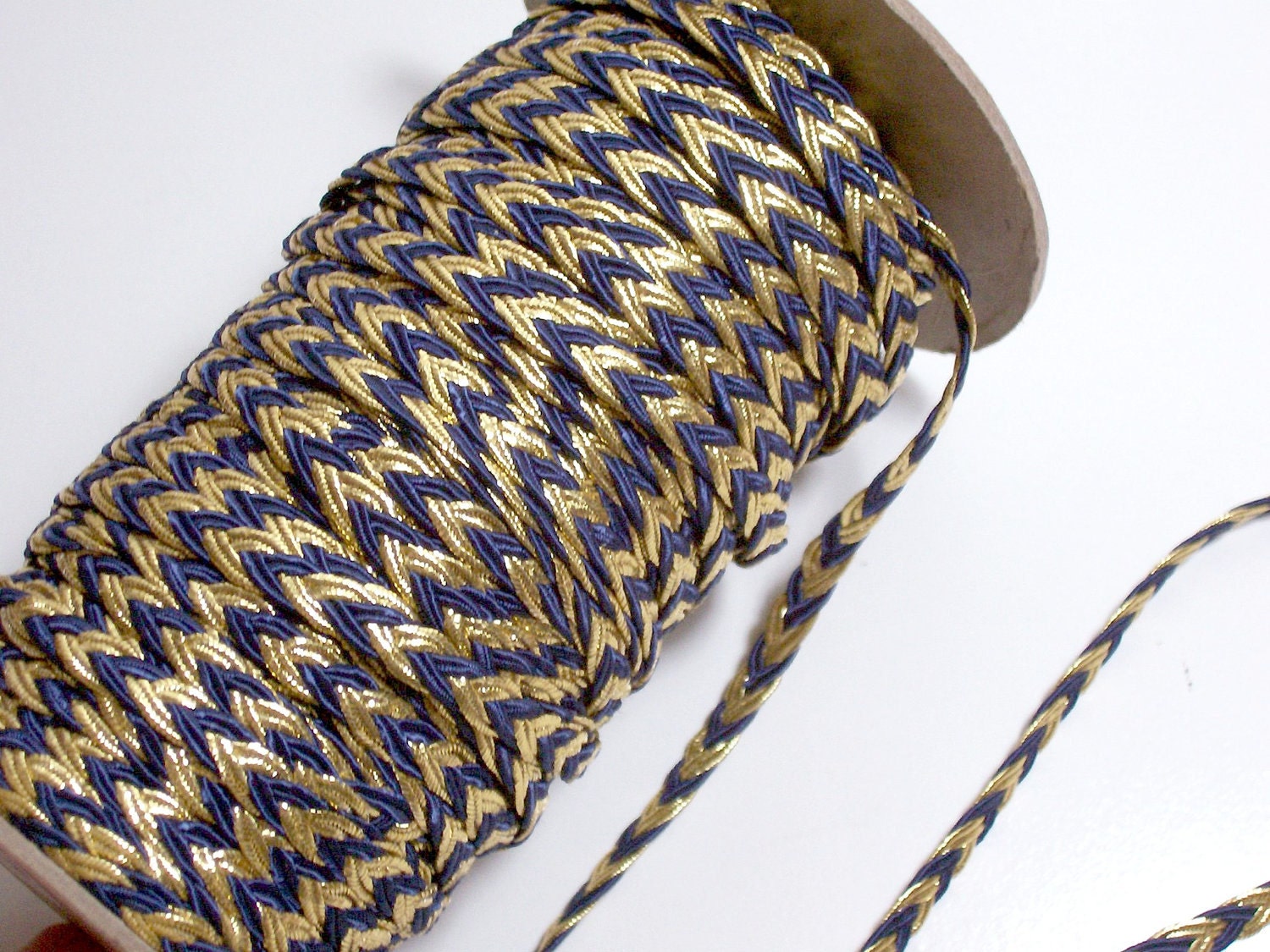 RESERVED FOR QUEENBEST Vintage Blue and Gold Braided Flat Cord Trim 1/4 inch wide