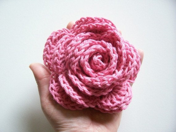 Crocheted Flower: Handmade Large Cotton Rose Applique in Rose Pink CLEARANCE