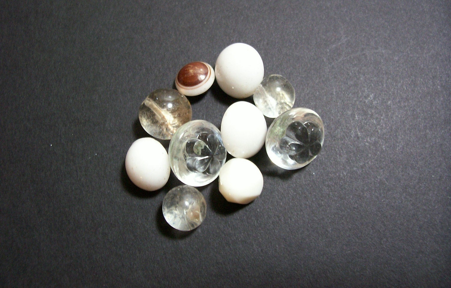 Vintage Clear and White Glass Buttons x 10 Pieces CLEARANCE