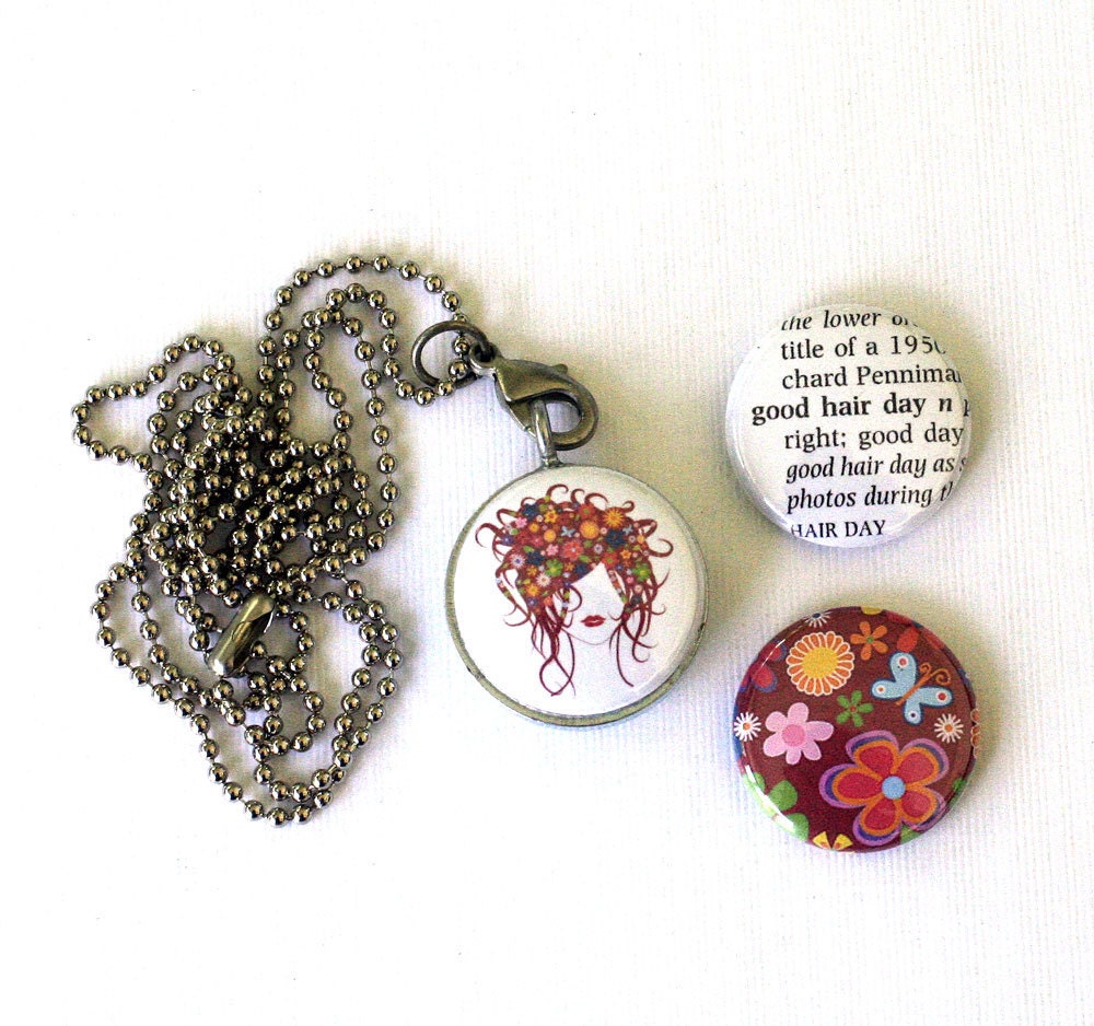 Hair Stylist Locket Necklace -  Flowers, Hairdo, Beauty - Good Hair Day Magnetic Necklace - Recycled by Polarity