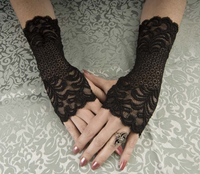size medium - Steampunk / Goth / EGL Beautiful 8" long Black lace fingerless glove wristlettes