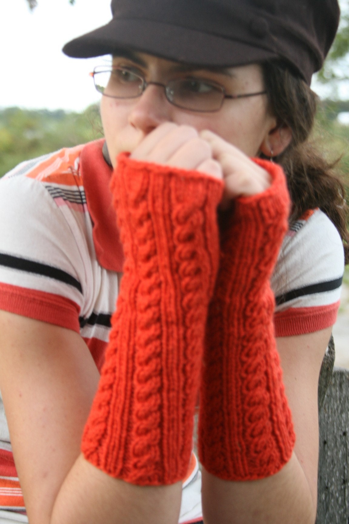 Burnt Orange Cabled Knit Fingerless Gloves for Women