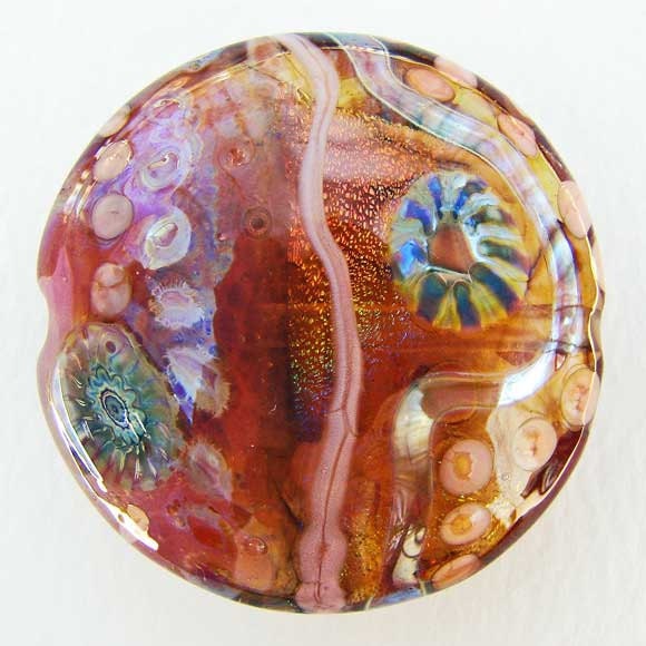 Pink and Amber Handmade Lampwork Glass Lentil Focal Bead with Rainbow Dichroic and Silver Glass Murrini SRA ISGB LE