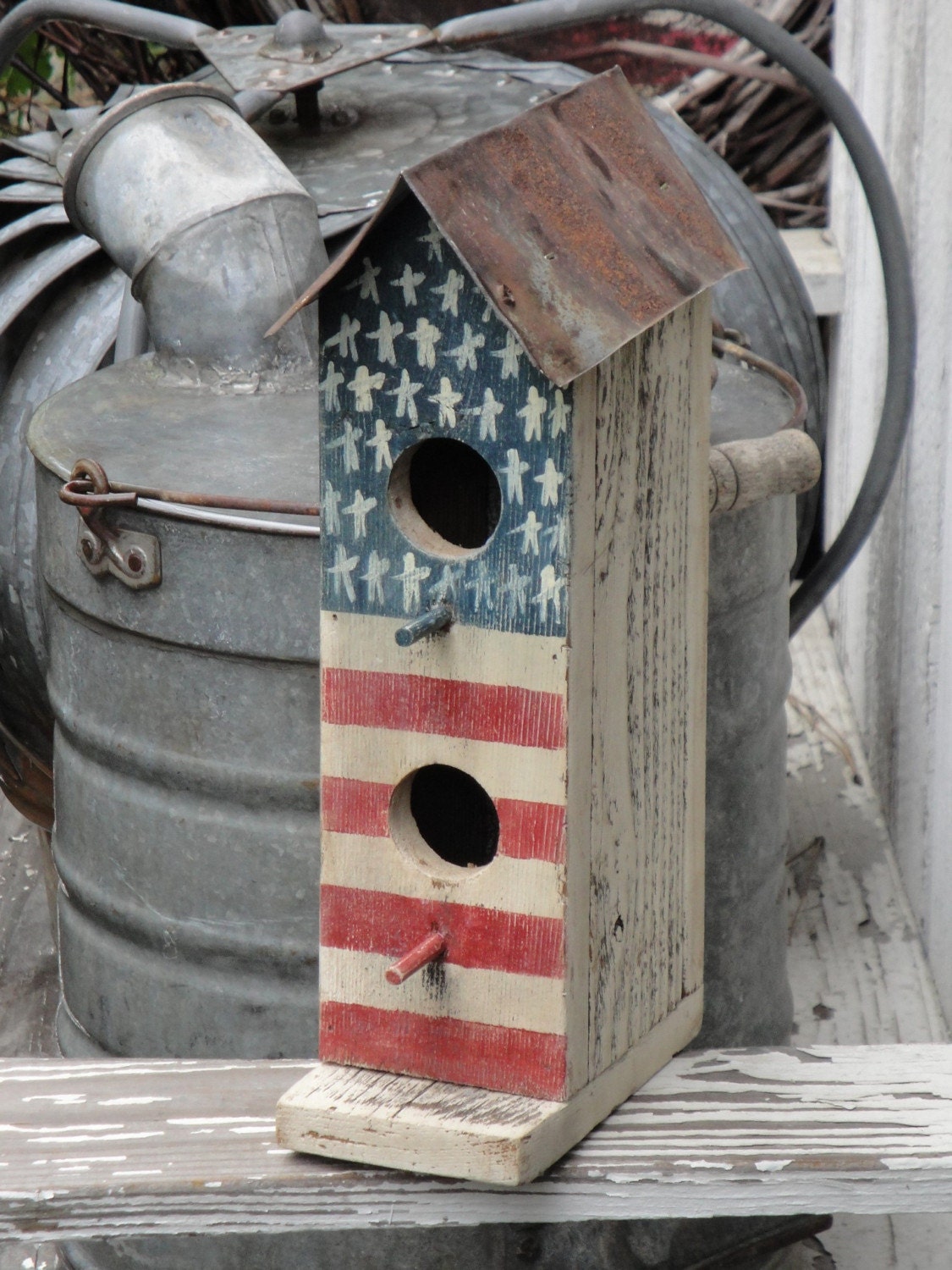 Handpainted Two Hole Primitive Americana Flag Birdhouse