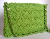 handknit quilted purse in spring green - designer-inspired entrelac woven-look bag with upcycled chain handle and swirly retro print lining