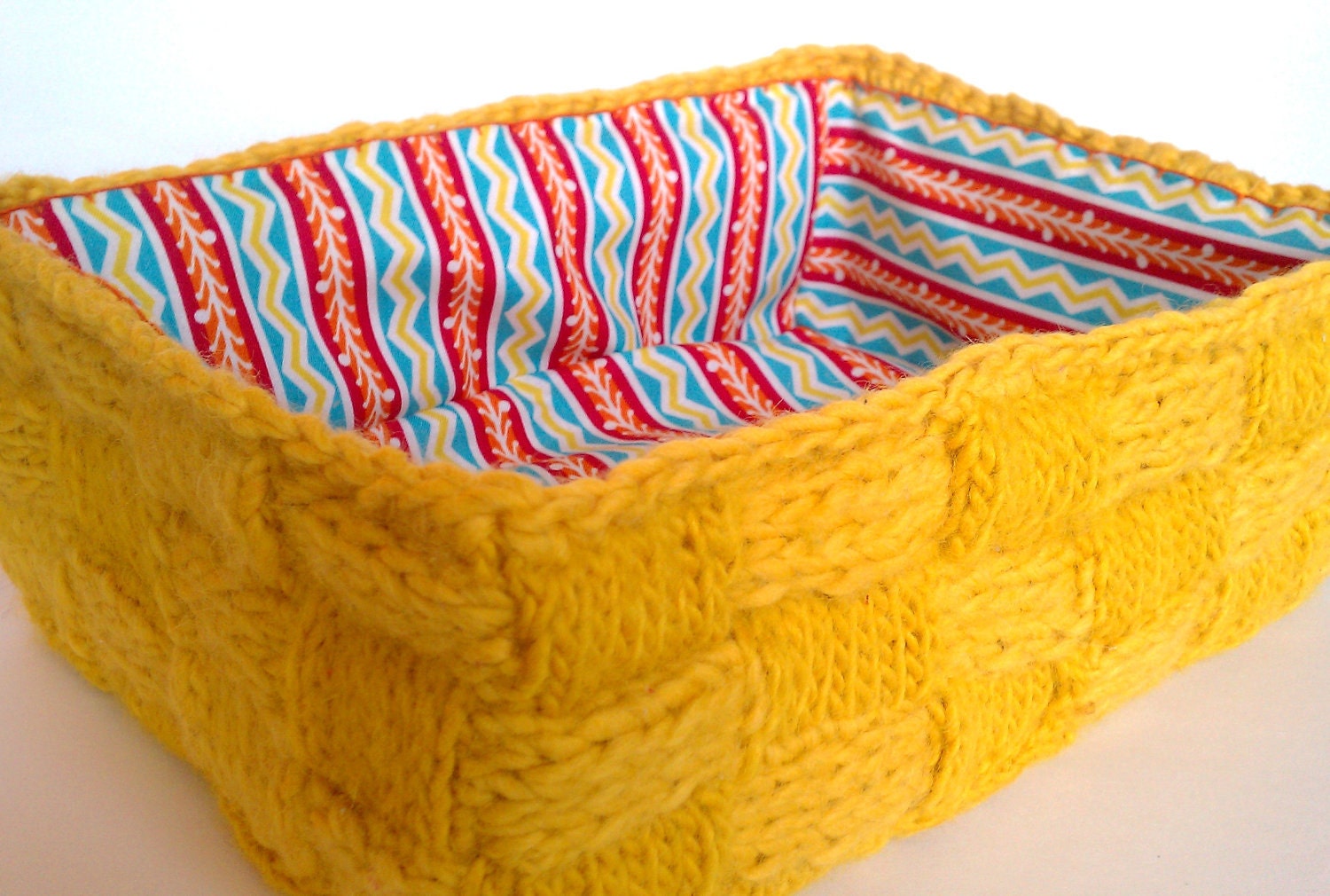 handknit woven decorative basket - yellow wool alpaca blend container/bowl lined in tribal boho print fabric for your coffee table, etc.