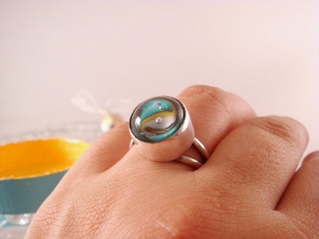 Lampwork Silver Ring with Bubbles in Turquoise Green Yellow Cream Colors