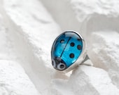 Ladybug Ring - Sapphire Blue Lampwork Glass on Sterling Silver
