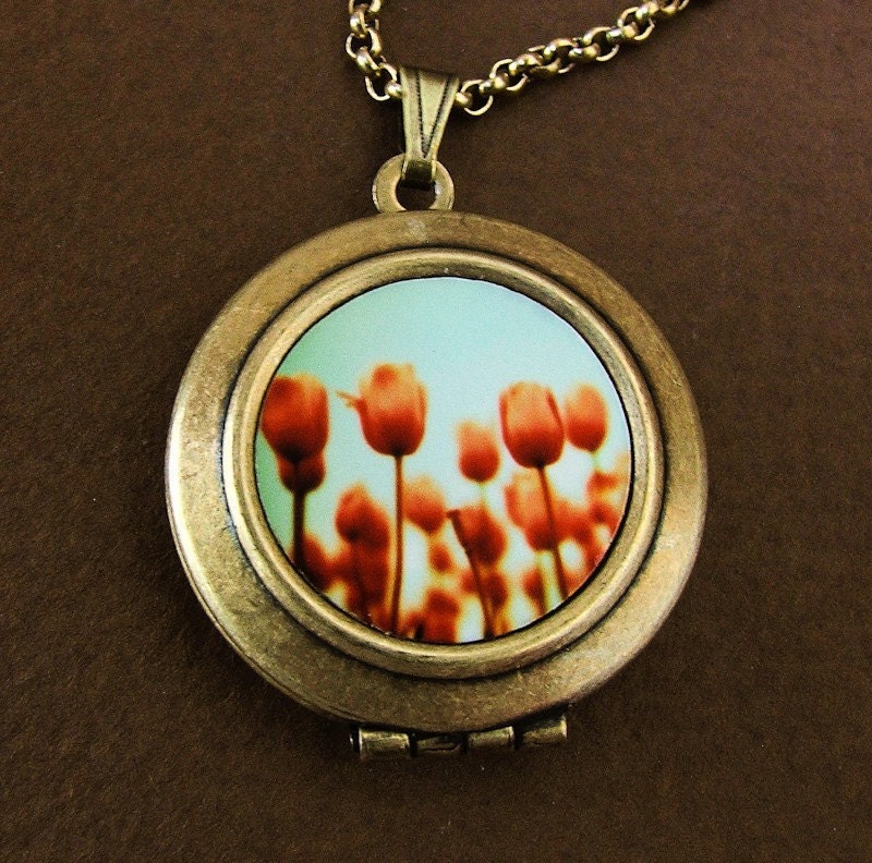 Flower locket, red tulips Photo Art Locket Necklace valentine crimson scarlet red spring tulips aqua sky art you can wear bomobob