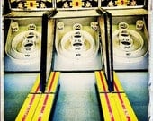 SkeeBall polaroid transfer Carnival photo mustard yellow whimsical wall art fun fair arcade game ruby red