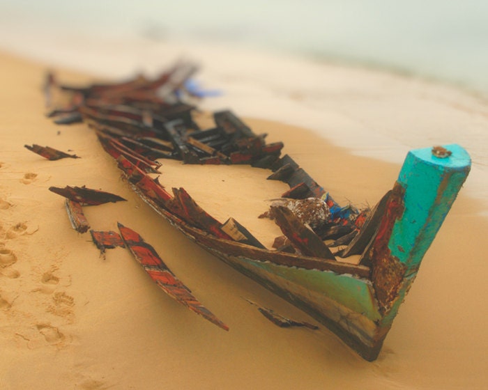 Boat photograph nautical art beach photo wooden boat Vietnam ocean photo beige sand turquoise red  - Stranded 8x10