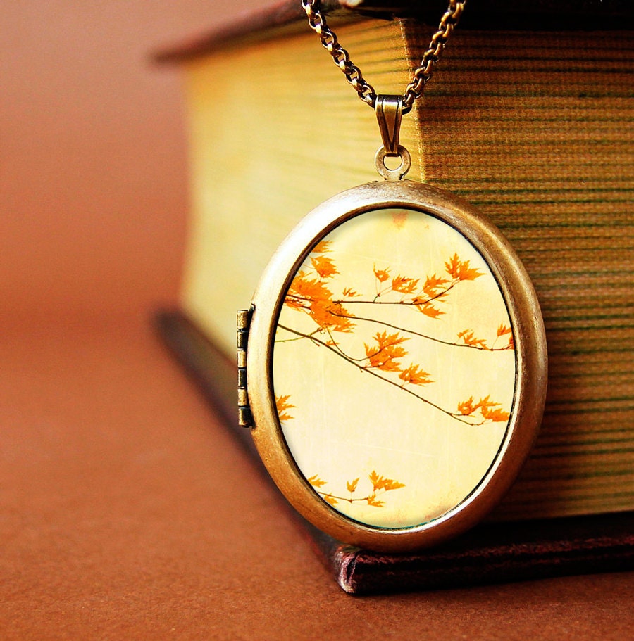 Photo locket photo pendant art locket Golden brown autumn leaves maple tree fall colors - Autumn Gold