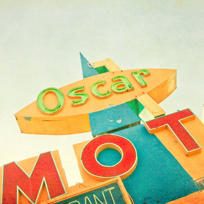 Vintage sign neon motel sign retro red letter mad men roadtrip mid century design 1950s 1960s car trip pastel tones : Oscar 8x8