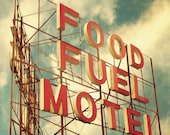 Vintage motel sign Red letters travel photo kitchen art guest room decor retro mid century diner : Food Fuel Motel 8x8