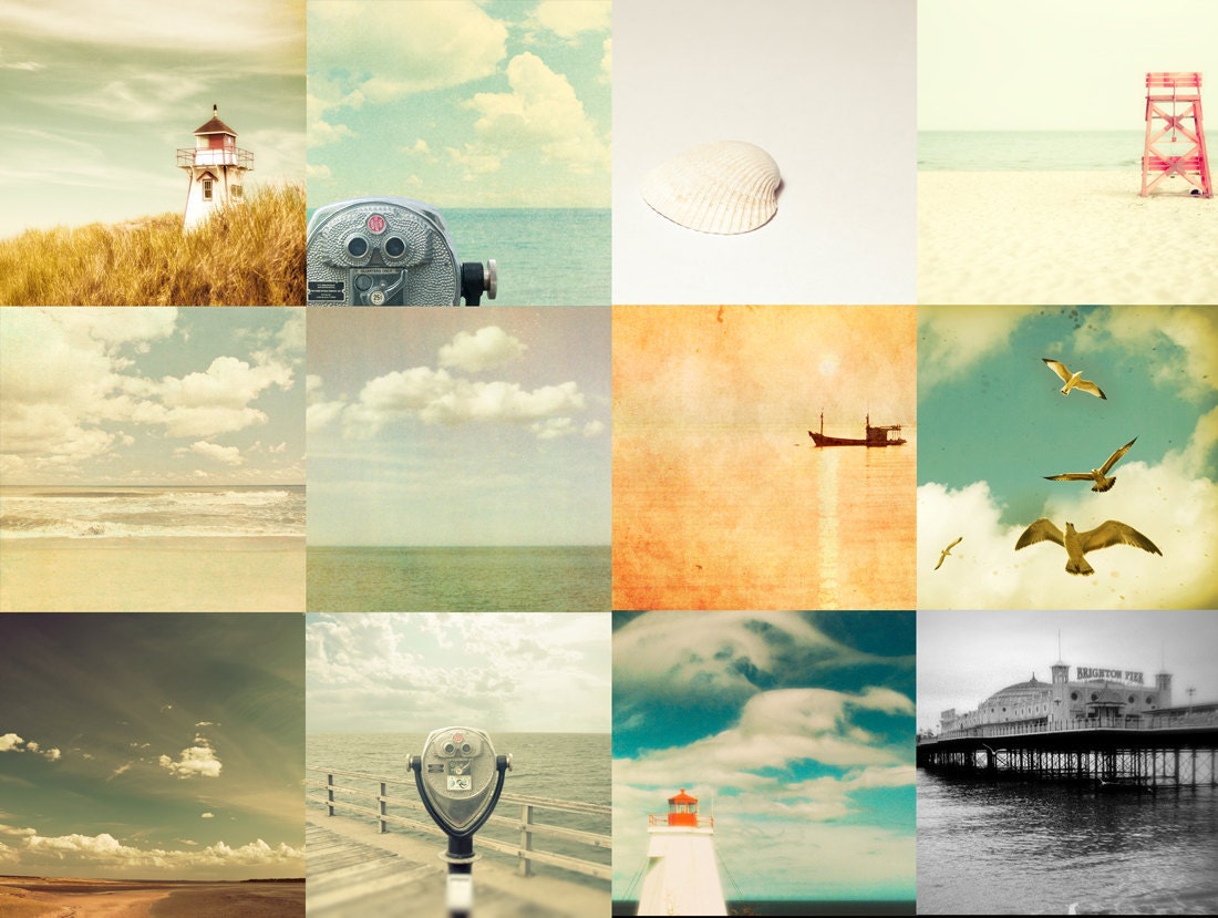Beach prints nautical decor pastel colors sea sand summer vacation coastal  - Set of 12 5x5 photos