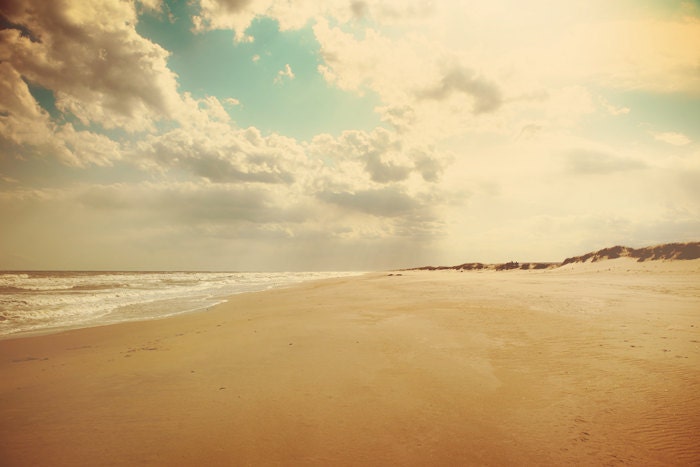 Landscape photography, ocean photograph, sandy beach, north carolina, cape hatteras, turquoise sky, cloud photography
