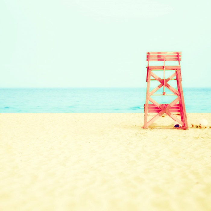 Beach photo, red chair, lifeguard, aquamarine blue, sandy beach, sun worship, chillaxing, modern summer decor