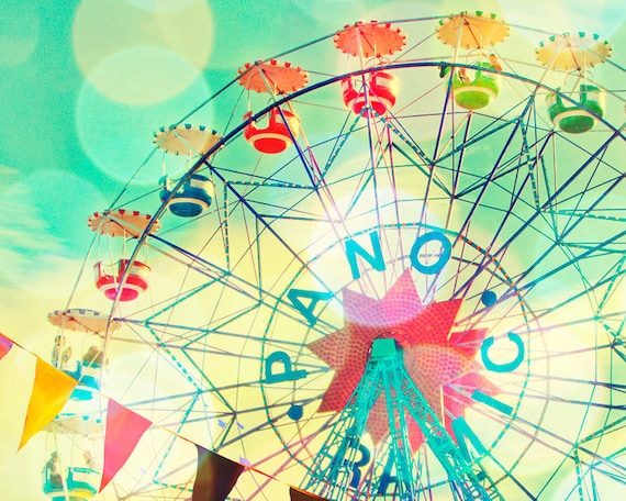 Nursery decor summer carnival ferris wheel photo baby room print art for kid's room by bomobob barcelona spain bold colors Panoramic 16x20