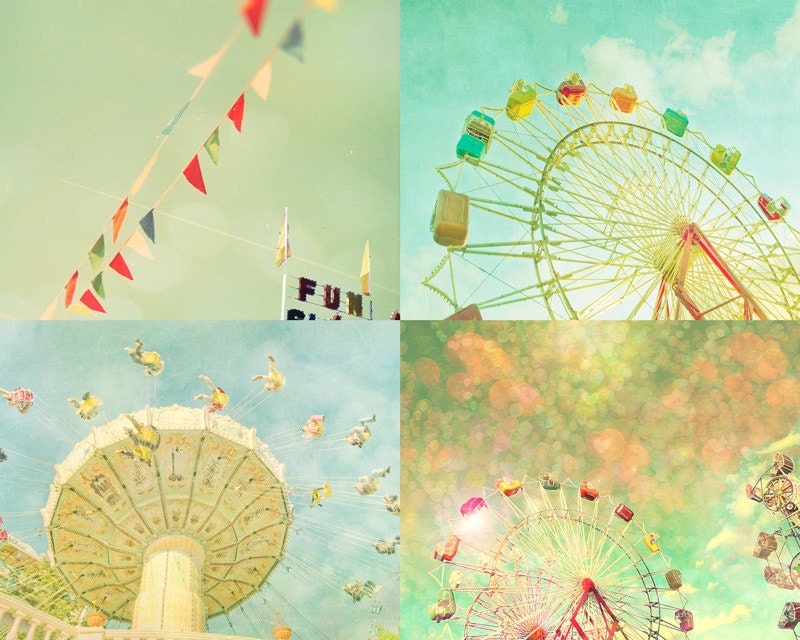30% OFF SALE - Carnival photos, home decor, nursery art, turquoise, ferris wheel, wall art, baby, circus - Set of 4 5x7 prints