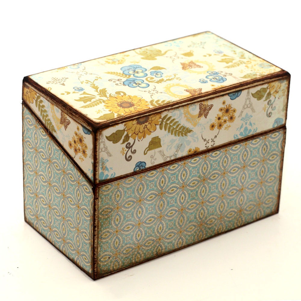 Wood Recipe Box Retro Sunflowers French Country READY TO SHIP Fits 4x6 Recipe Cards