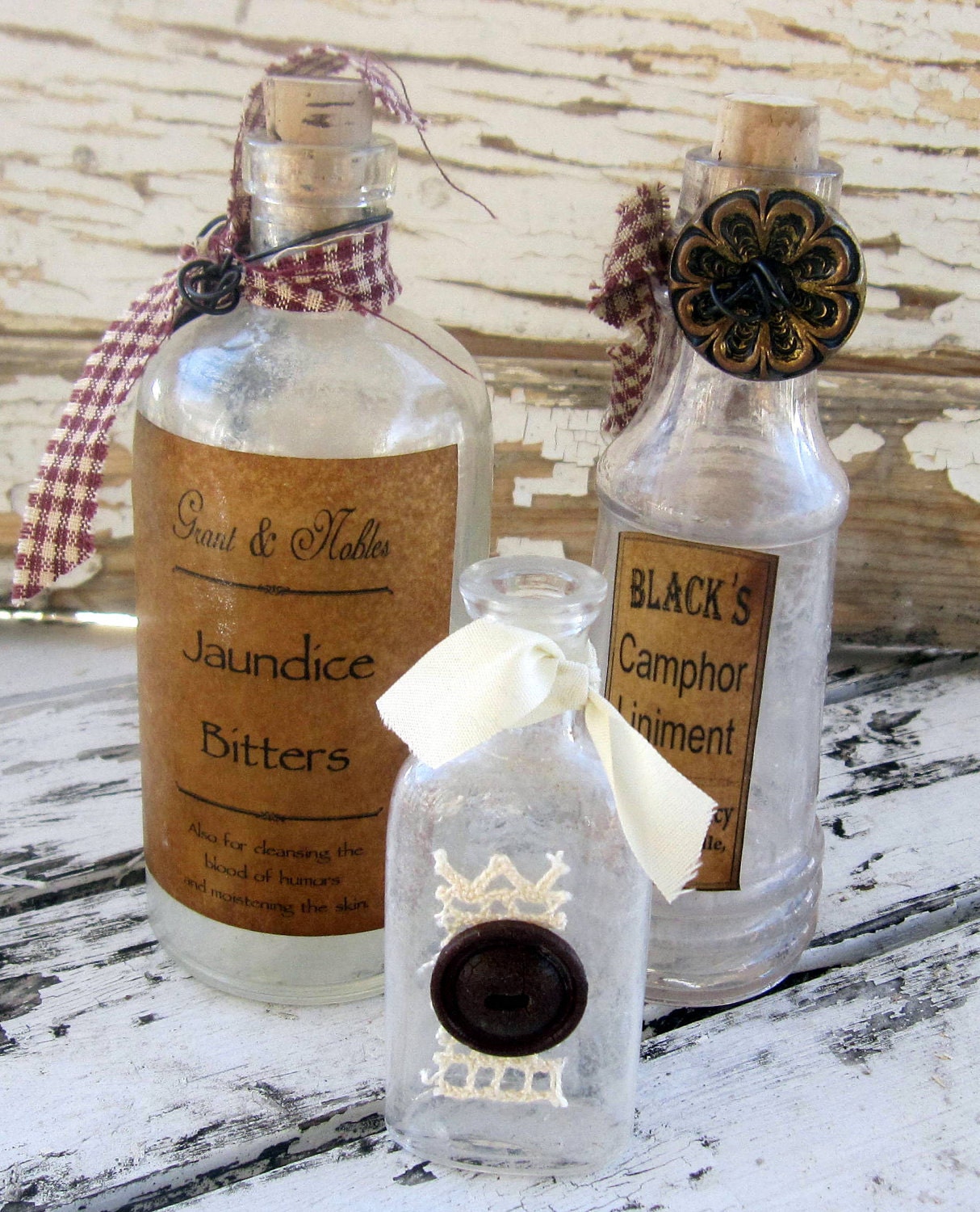 Vintage Bottles, Primitive, Altered, Home Decor, Set of 3, Old Bottle, cssteam, ofg team
