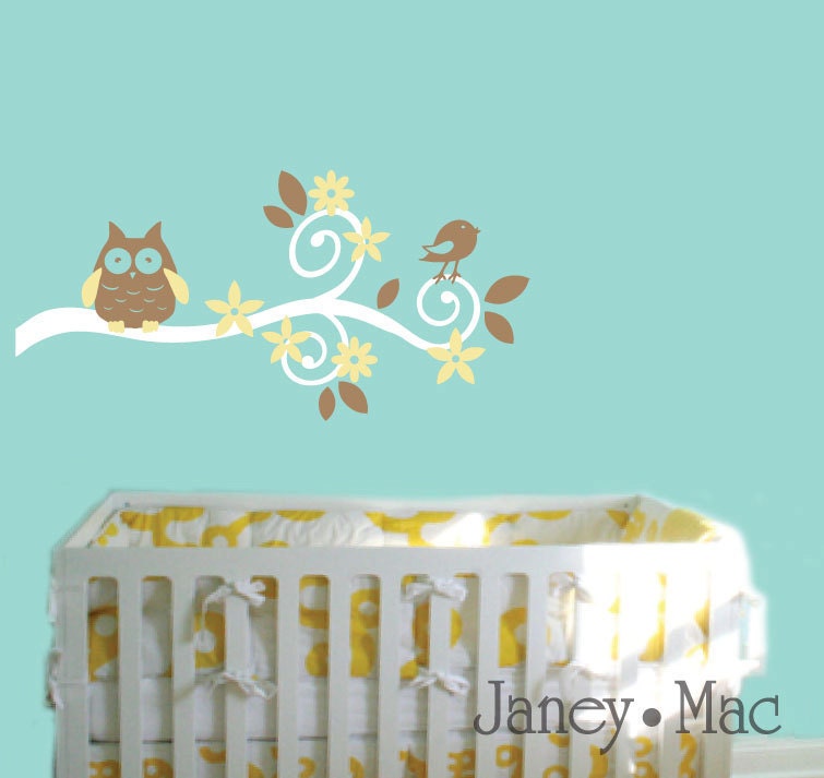 Swirl Branch Wall Decal with Owl and Bird - Vinyl Wall Art Sticker Woodland Nature - Childrens Bedroom Nursery Wall Decor - CT124B