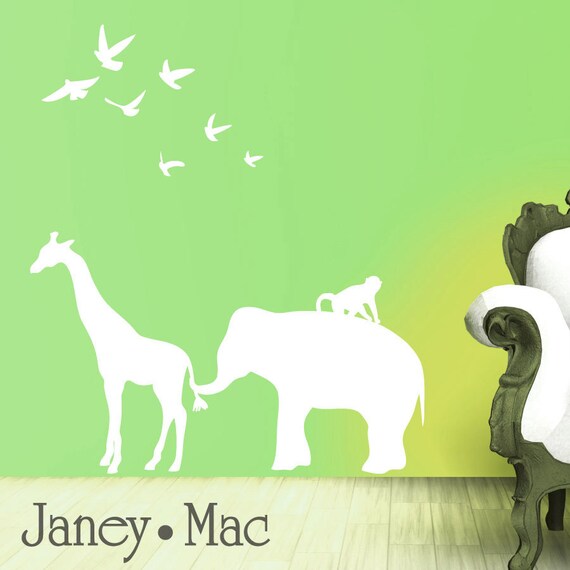 Elephant Giraffe Wall Decal - Zoo Line Safari Jungle Silhouette - Vinyl Wall Art Room Decor - Children's Bedroom Nursery - CA112B