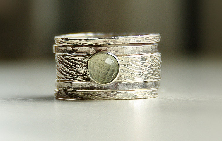 Hannah' unique rustic, earthy, distressed ring: green amethyst & sterling silver stackable / stack rings. Amythest ring