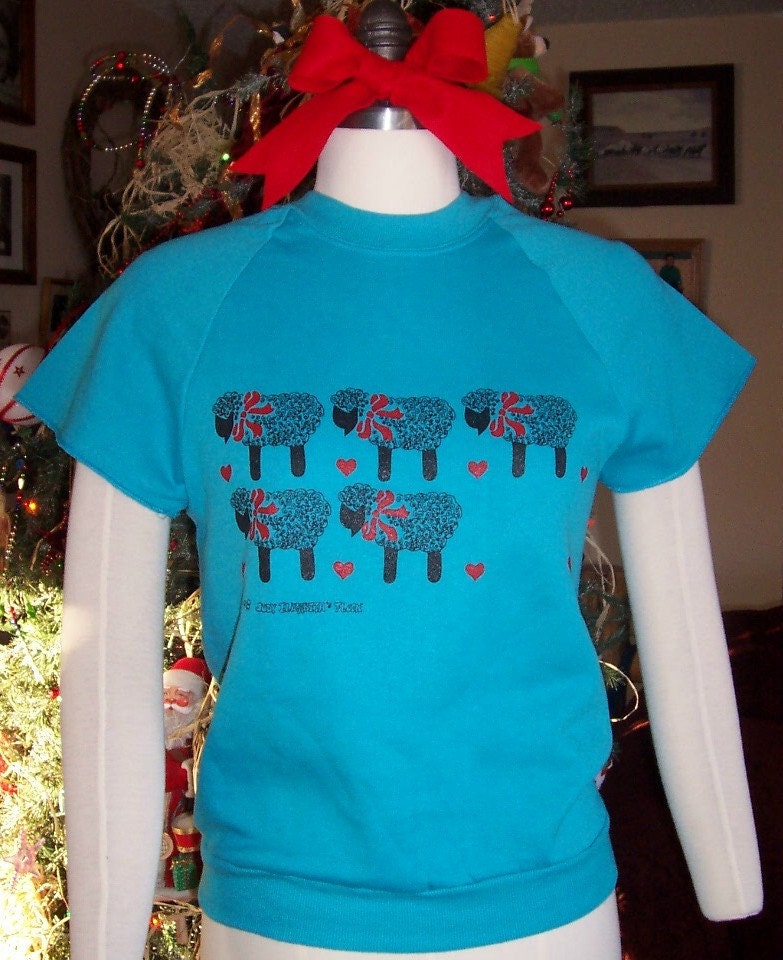 Teal Blue Sweatshirt with Ewes Lambs Sheep size Small